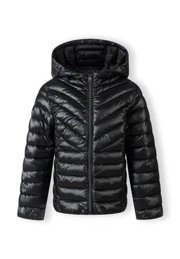 Black puffer jacket with a hood on a white background