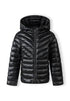 Black puffer jacket with a hood on a white background
