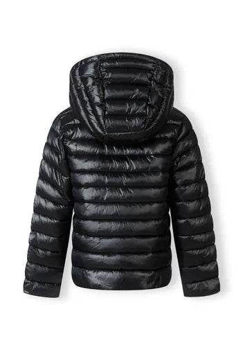 Black puffer jacket with a hood showing baon a white background