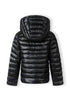 Black puffer jacket with a hood showing baon a white background