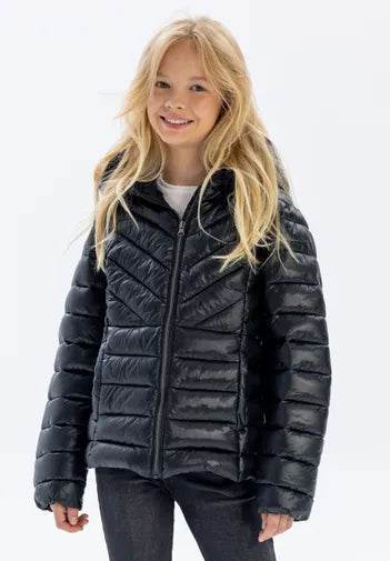 Child wearing a black puffer jacket on a white background