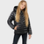 Girl wearing a black puffer jacket on a white background