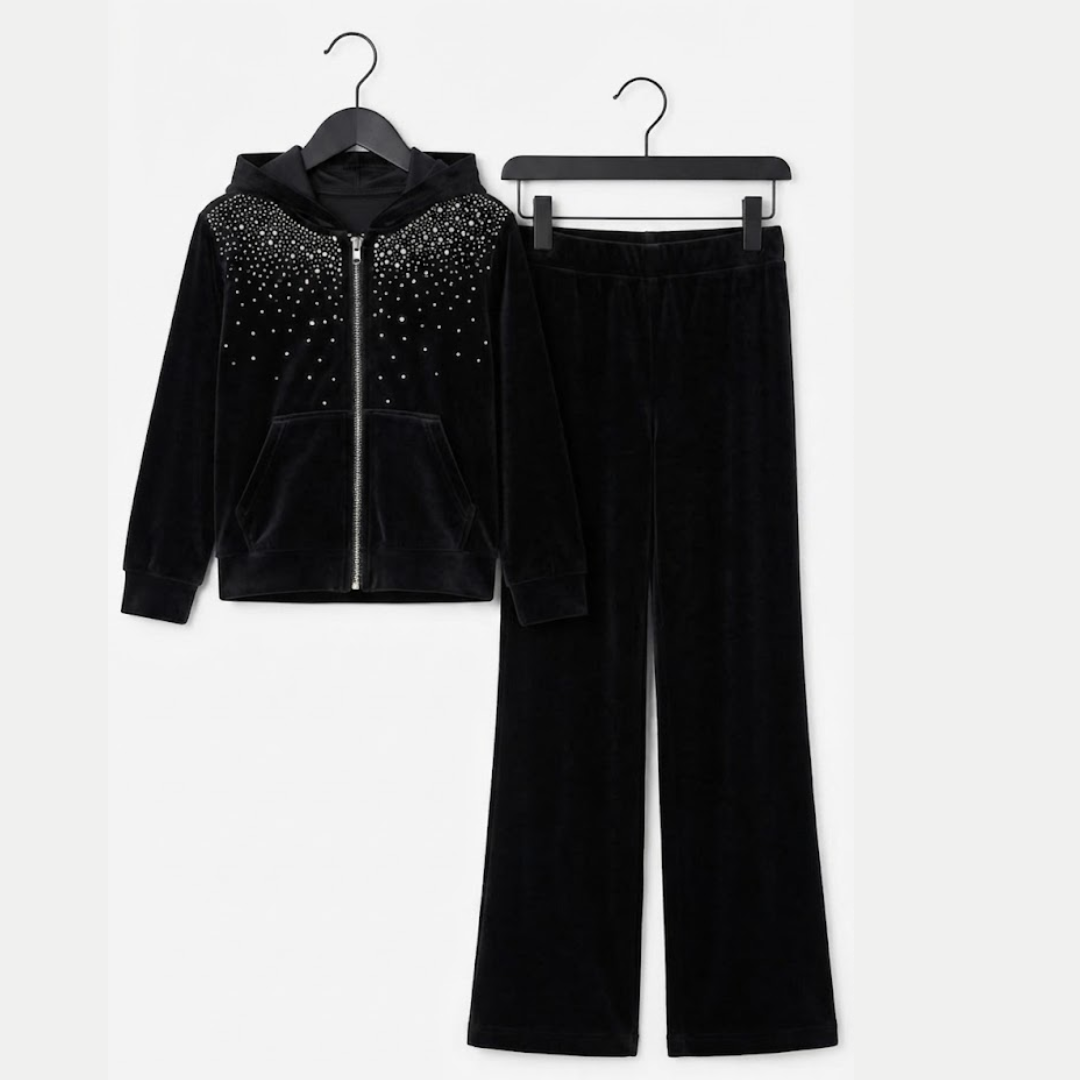 Girls Black Velvet Sequins Zip Top & Bottoms on hangers with white background