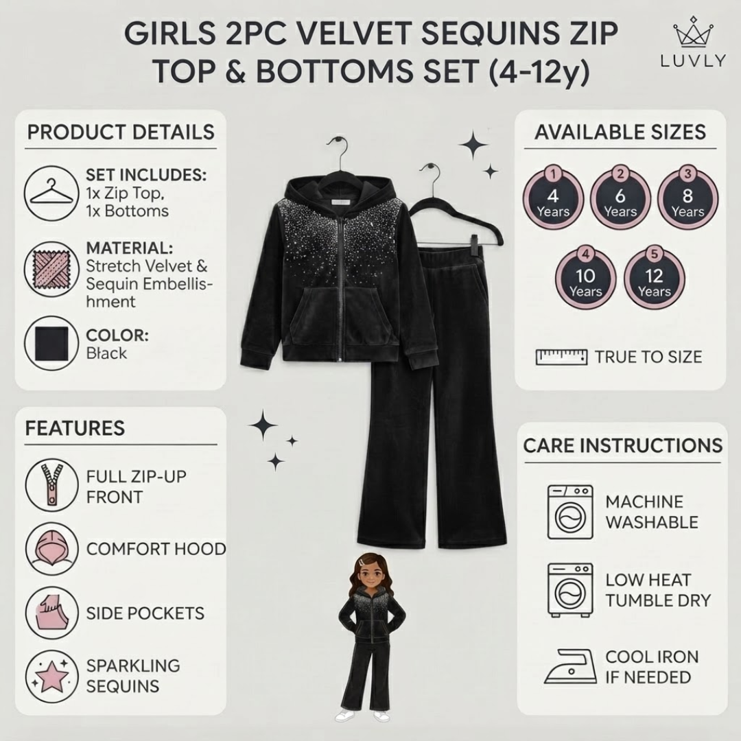 A girls' 2-piece velvet sequins zip top and bottoms set in black, shown with a matching black hoodie and pants on hangers. The image includes product details, available sizes, care instructions, and a small model illustration on a light gray background.