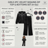 A girls' 2-piece velvet sequins zip top and bottoms set in black, shown with a matching black hoodie and pants on hangers. The image includes product details, available sizes, care instructions, and a small model illustration on a light gray background.
