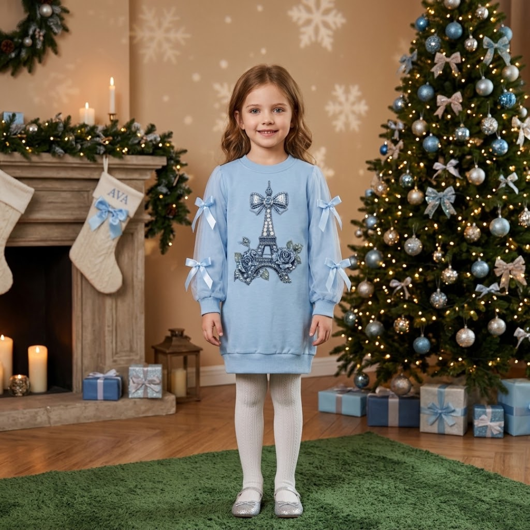 A young girl stands in a decorated Christmas living room wearing a light blue long-sleeve dress with a silver Eiffel Tower graphic on the front and blue bow details on the sleeves. The background features a lit Christmas tree, stockings, and a fireplace.