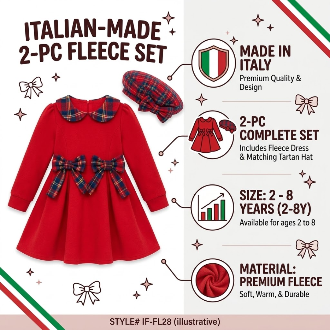 A promotional graphic for an Italian-made 2-piece fleece set featuring a red long-sleeve dress with a plaid collar and bow, plus a matching plaid hat. The design includes text callouts about being made in Italy, suitable for ages 2-8, premium fleece material, and includes a matching tartan hat.