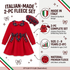 A promotional graphic for an Italian-made 2-piece fleece set featuring a red long-sleeve dress with a plaid collar and bow, plus a matching plaid hat. The design includes text callouts about being made in Italy, suitable for ages 2-8, premium fleece material, and includes a matching tartan hat.