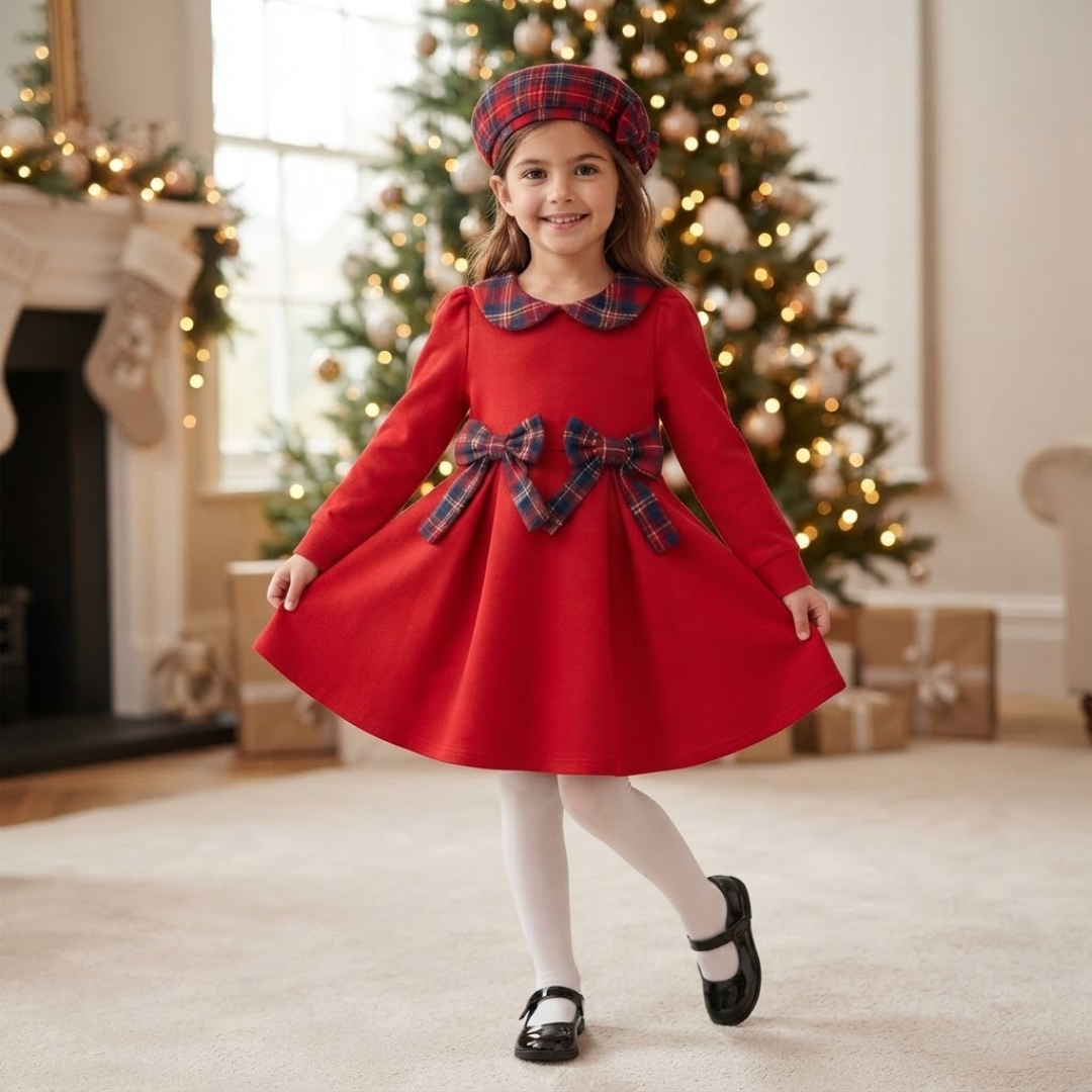 A young girl wearing a festive red holiday dress with a red and blue plaid collar, matching plaid beret, and a plaid bow at the waist, standing in a decorated living room with a Christmas tree in the background.