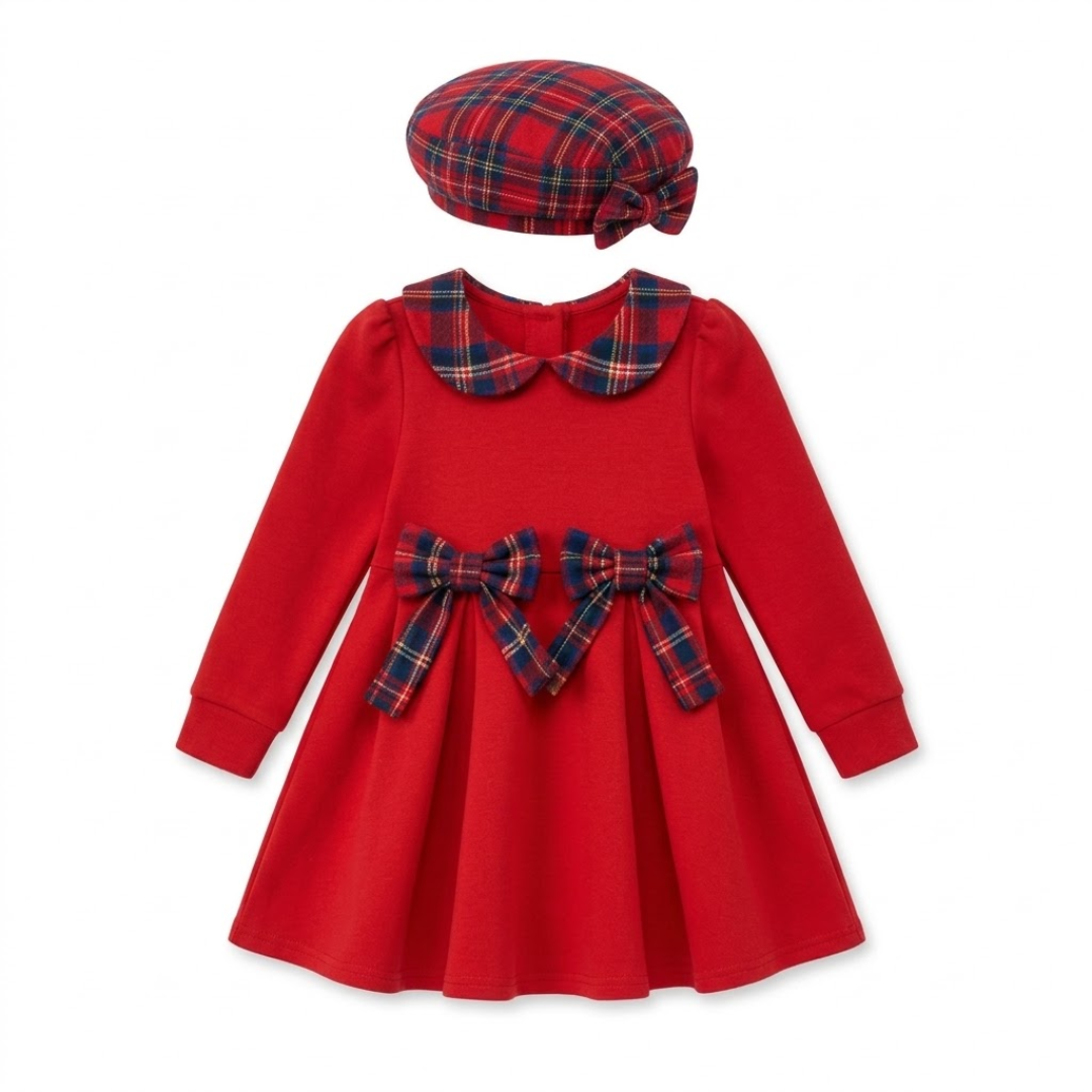 A toddler girl's red dress with a matching red tartan plaid beret, featuring a Peter Pan collar and two matching plaid bow accents on the skirt, displayed on a clean white background.
