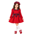 A young girl modeling a festive red dress costume with a red and blue plaid beret, matching plaid collar, waist bow, white knee-high socks, and red Mary Jane shoes, set against a plain white background.