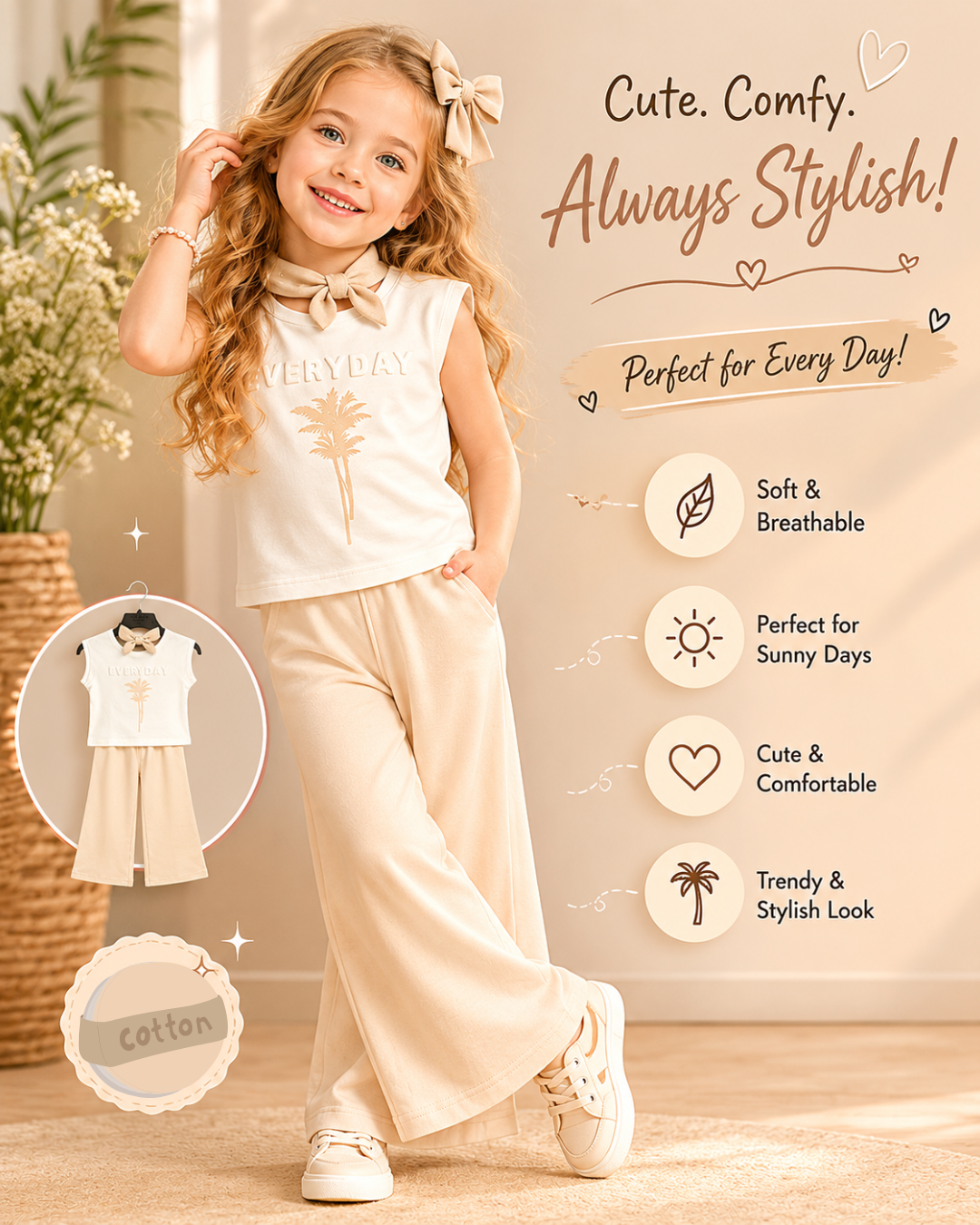 Young girl wearing a beige outfit with text highlighting features on a beige background