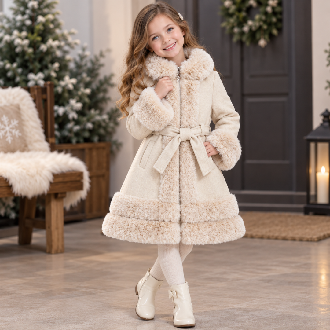 A young girl posing in a festive setting, wearing the cream-colored winter coat with faux-fur trim, white tights, and cream boots.