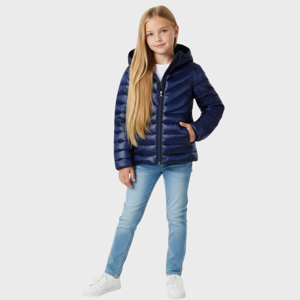 Girl wearing a navy blue puffer jacket from the girls jackets collection.