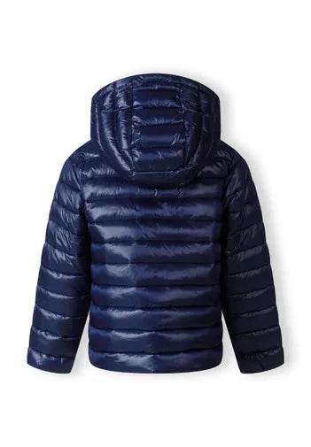 Navy blue puffer jacket on a white background