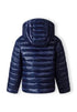 Navy blue puffer jacket on a white background