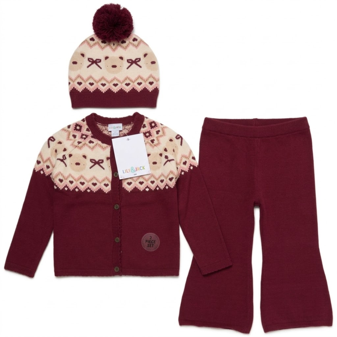 A three-piece maroon knit outfit set featuring a button-up cardigan, matching pants, and a pom-pom beanie with a Fair Isle teddy bear pattern.