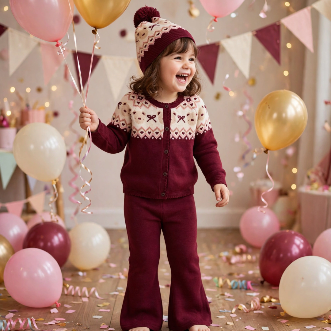 A happy toddler holding balloons while wearing a maroon Fair Isle sweater set and a matching pom-pom hat.