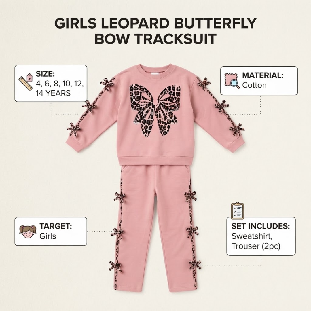 A girls' leopard-print butterfly bow tracksuit in pink, featuring a sweatshirt and matching pants. The sweatshirt has a large butterfly motif on the chest and decorative bows along the sleeves and sides.