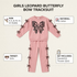 A girls' leopard-print butterfly bow tracksuit in pink, featuring a sweatshirt and matching pants. The sweatshirt has a large butterfly motif on the chest and decorative bows along the sleeves and sides.