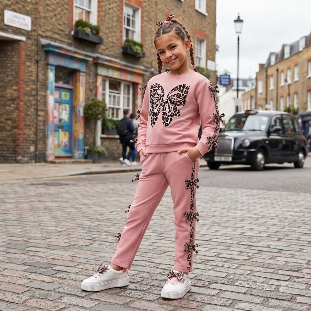 A young girl stands on a cobblestone street wearing a pink matching sweatshirt and jogger set with black leopard-print butterfly and bow embellishments. The background shows a brick street with a black cab and buildings.