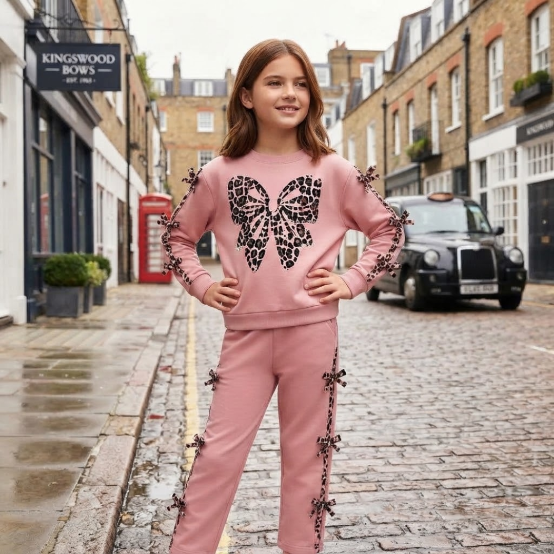 A young girl stands on a cobblestone street wearing a pink sweatshirt and matching pants with black leopard-print butterfly and bow embellishments. Brick buildings, a red telephone booth, and a black cab are visible in the background.