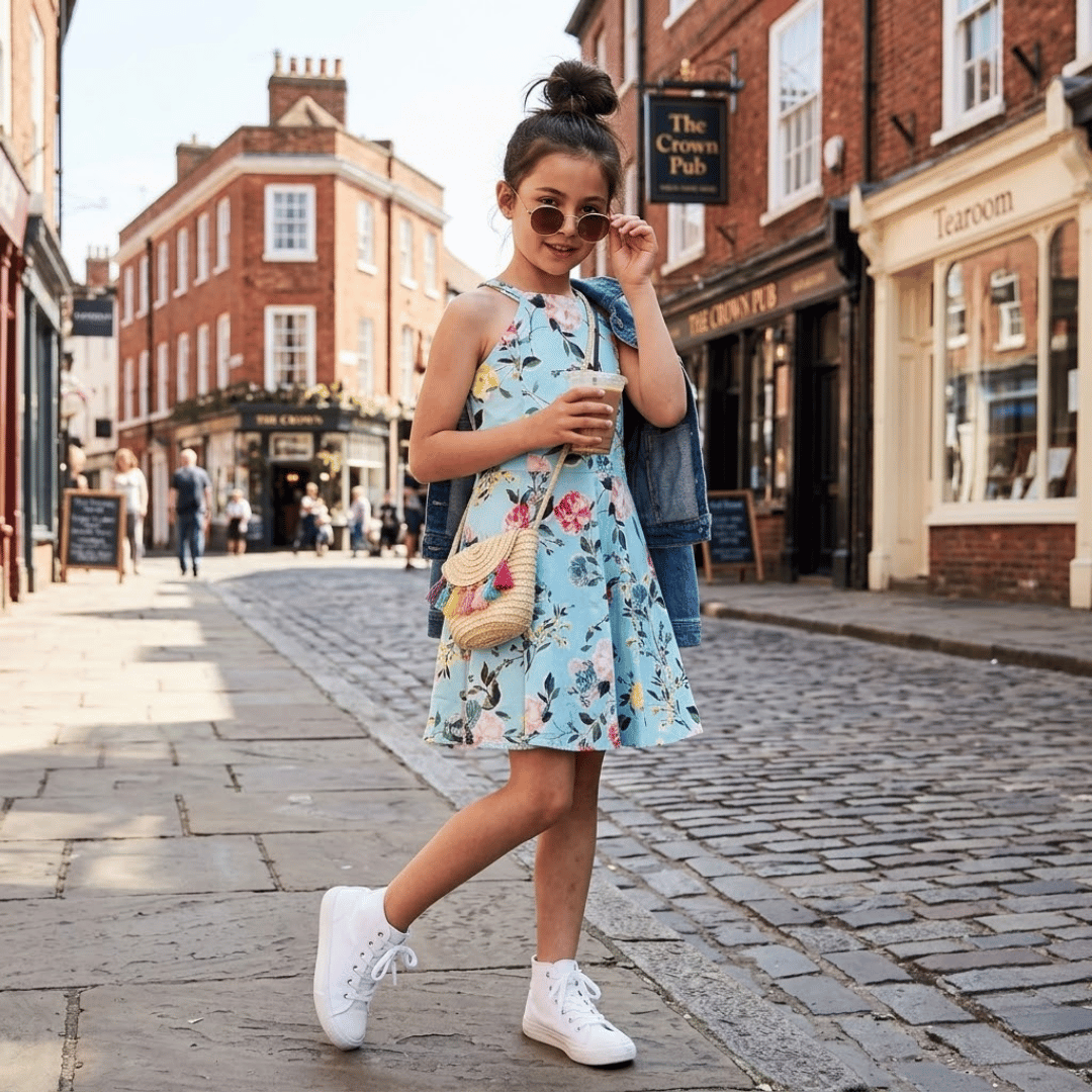 Young girl in a floral dress walking on a street with shops in the background
