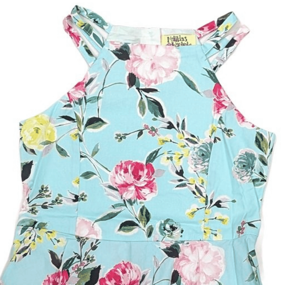 Floral dress with a blue background on a white background