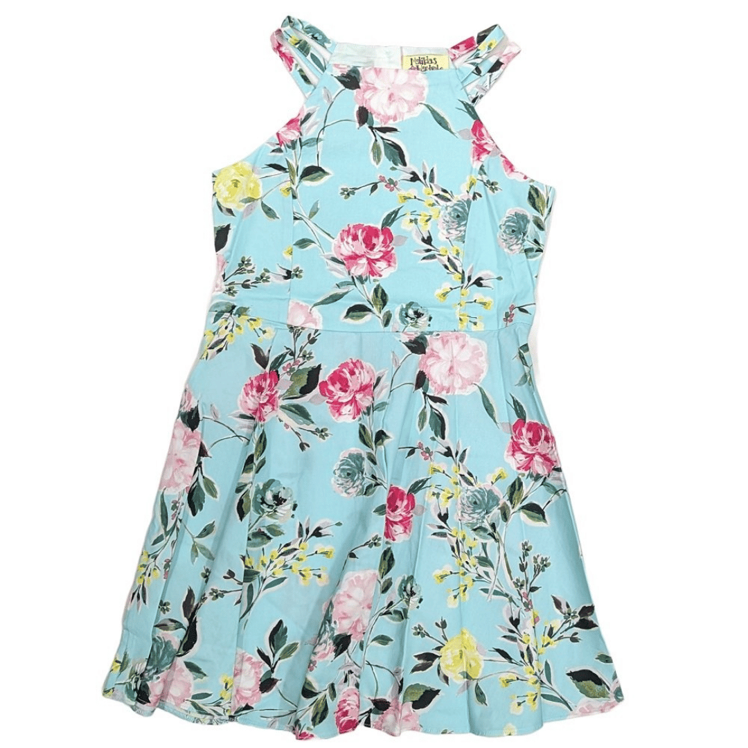 Floral dress with pink and yellow flowers on a blue background