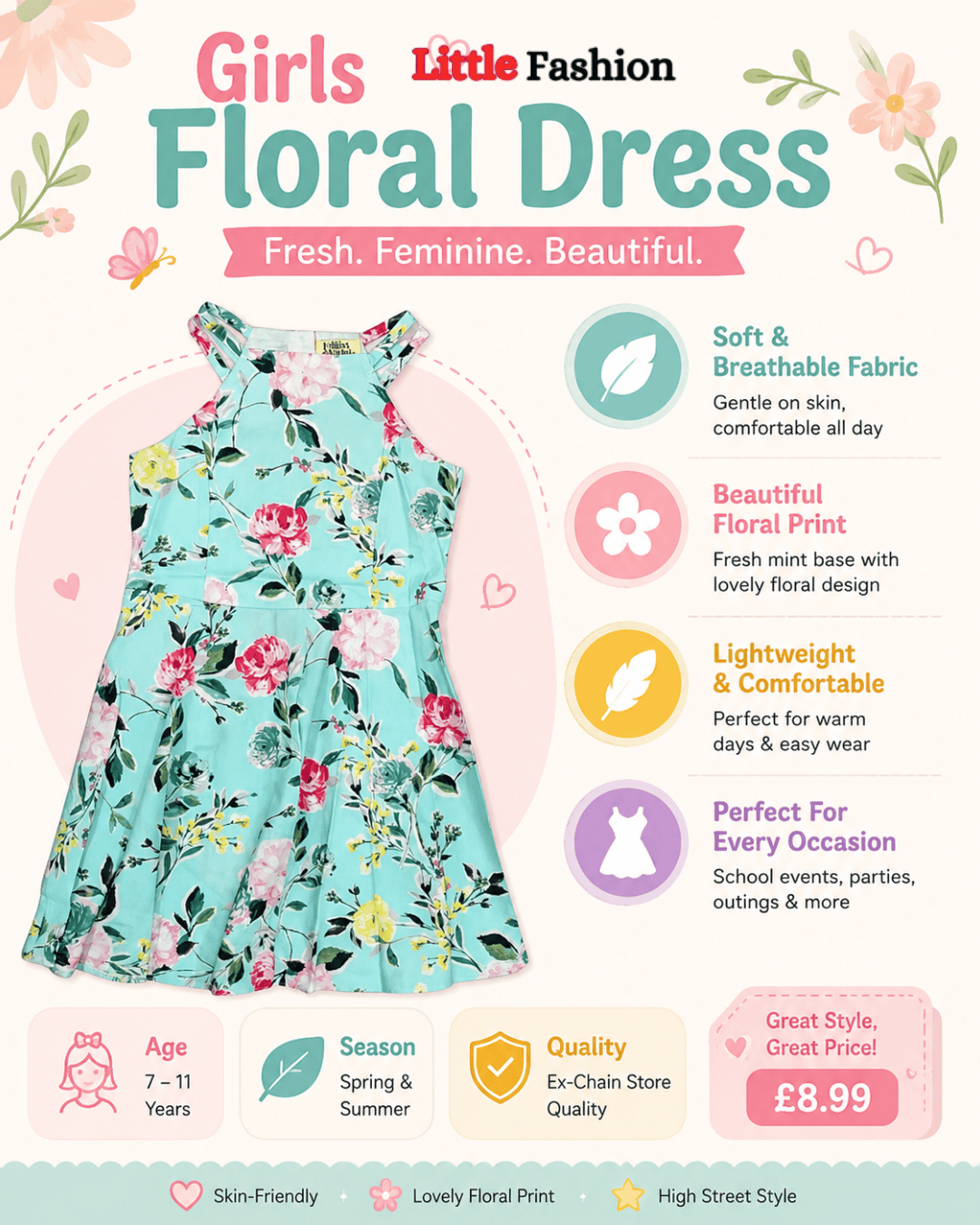Floral dress for girls with product features and pricing on a colorful background