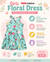 Floral dress for girls with product features and pricing on a colorful background