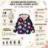 A girls' floral hooded jacket laid flat on a cream infographic background with text callouts about key features, style and fit, care instructions, material composition, and size range. The jacket is navy with large pink, peach, and light blue floral print and a cream lining visible in the hood.