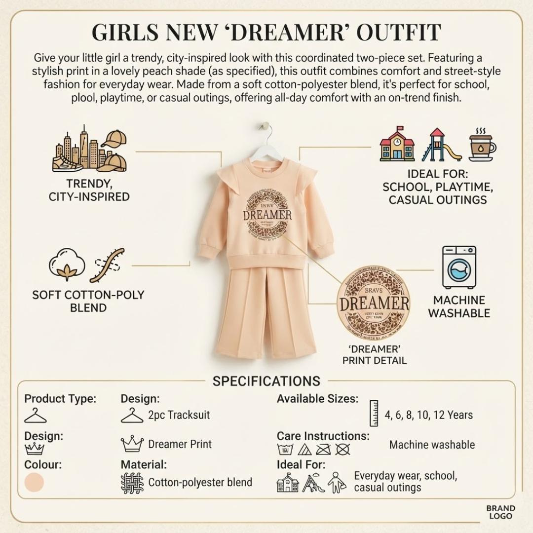 An infographic for a girls' two-piece outfit set titled 'Girls New Dreamer Outfit,' showing a peach-colored dress and matching top with printed circular graphics. The layout includes descriptive text, icons for school, playtime, and machine washability, and a specifications section with size and care details.