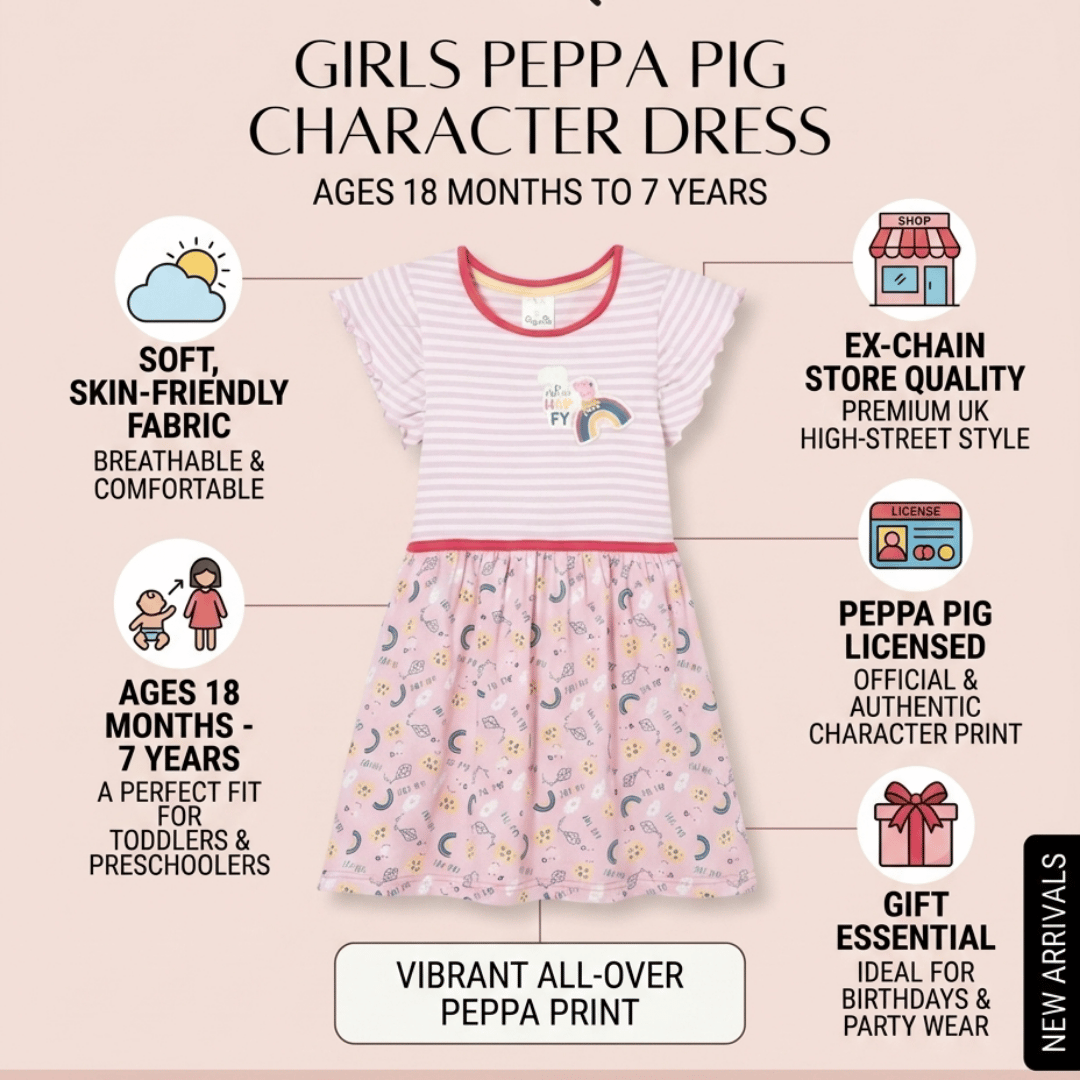 Girls Peppa Pig character dress with product details on a light pink background