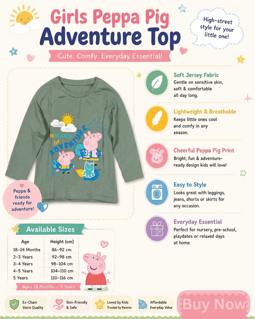 Green long-sleeve shirt with Peppa Pig design on a promotional graphic
