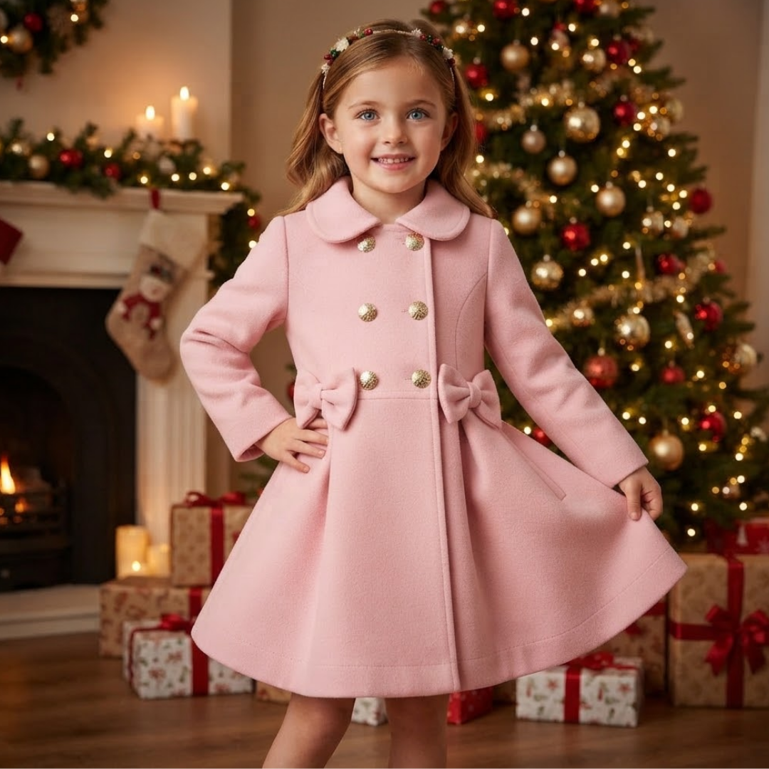 A young girl wearing a light pink double-breasted coat with gold buttons and bow details, standing in a cozy holiday room with a decorated Christmas tree and fireplace in the background.