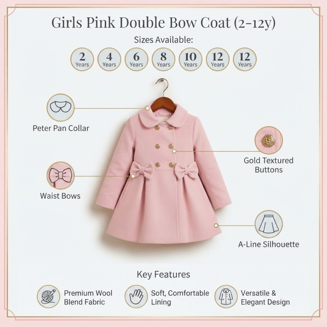 A pink girls' double bow coat shown on a hanger with feature callouts and size information. The image includes text labels for Peter Pan collar, waist bows, gold textured buttons, A-line silhouette, and key features like premium wool blend fabric and soft comfortable lining.
