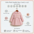 A pink girls' double bow coat shown on a hanger with feature callouts and size information. The image includes text labels for Peter Pan collar, waist bows, gold textured buttons, A-line silhouette, and key features like premium wool blend fabric and soft comfortable lining.