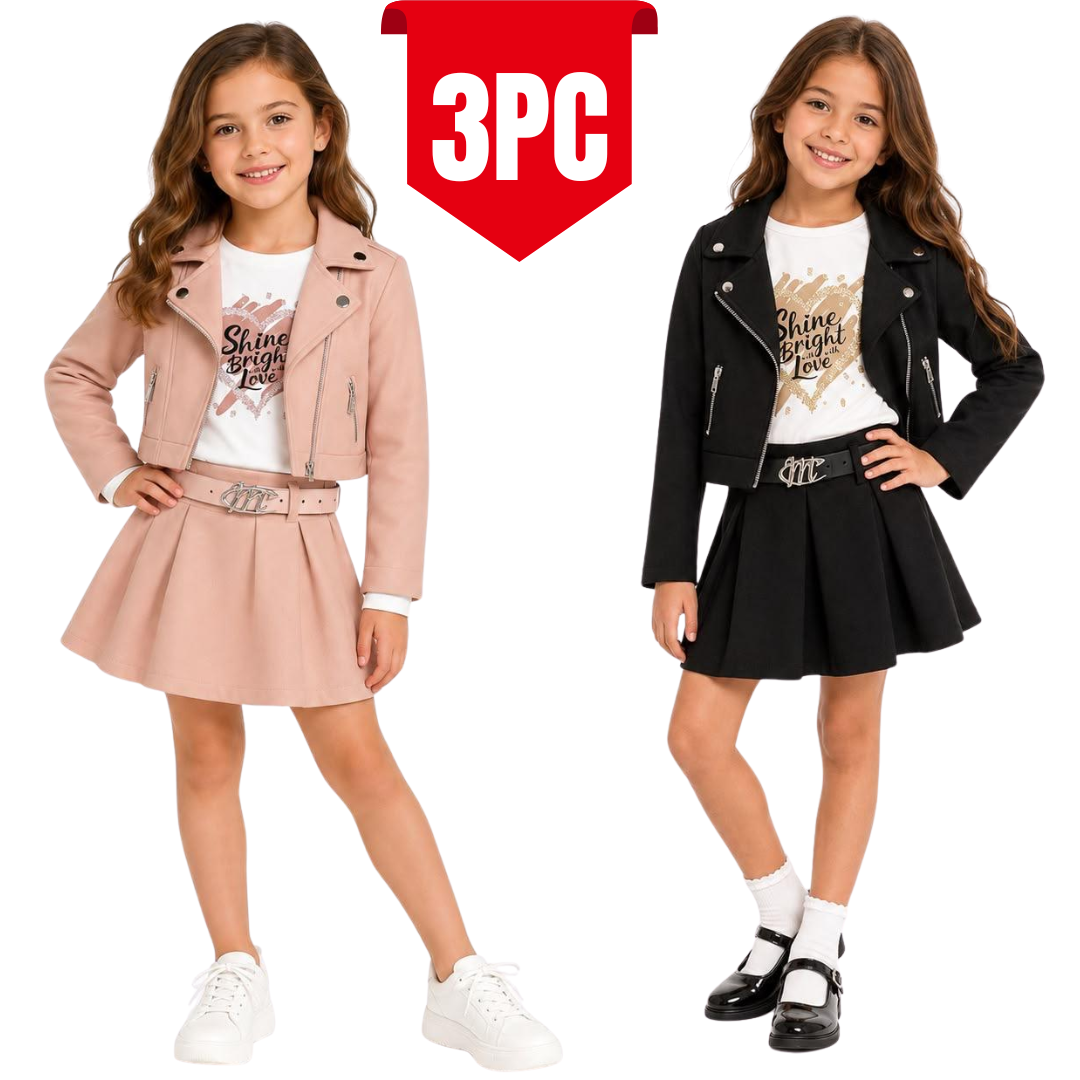 Two young girls modeling matching 3-piece outfits against a white background, with a red '3PC' badge at the top. One outfit is light pink and the other is black, both styled with white graphic T-shirts, pleated skirts, and leather jackets.