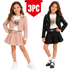 Two young girls modeling matching 3-piece outfits against a white background, with a red '3PC' badge at the top. One outfit is light pink and the other is black, both styled with white graphic T-shirts, pleated skirts, and leather jackets.