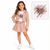 A young girl models a light pink two-piece jacket and skirt set with a white graphic t-shirt underneath. The set features a matching belt with a silver buckle.