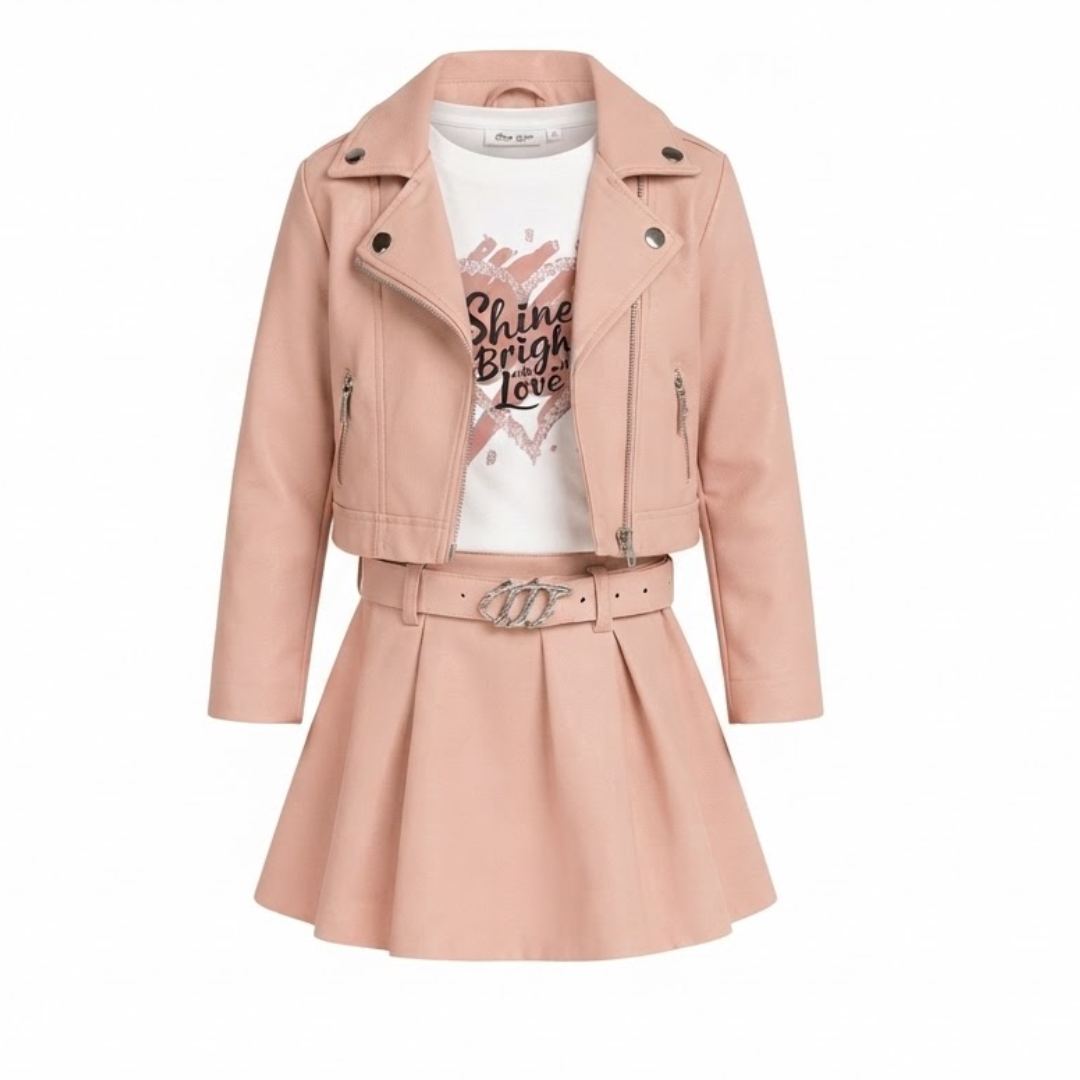 A girls' fashion outfit consisting of a dusty pink faux leather moto jacket, matching pleated mini skirt with a belt, and a white graphic t-shirt. The t-shirt features a pink heart design with the text 'Shine Bright Love'.