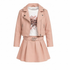 A girls' fashion outfit consisting of a dusty pink faux leather moto jacket, matching pleated mini skirt with a belt, and a white graphic t-shirt. The t-shirt features a pink heart design with the text 'Shine Bright Love'.
