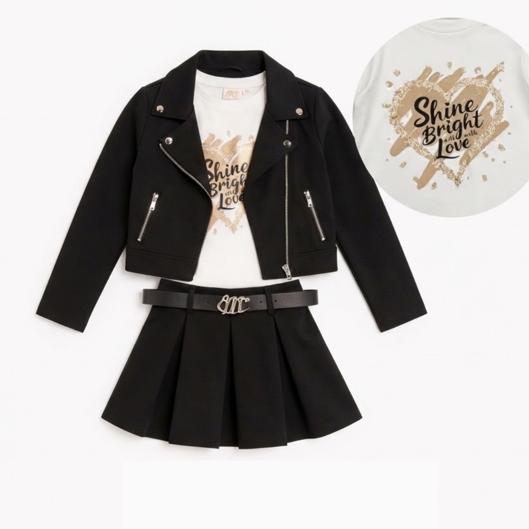 A girls' outfit set featuring a black moto jacket, pleated black mini skirt, and a white graphic t-shirt with a gold glittery 'Shine Bright Love' design. A circular inset shows the t-shirt design in detail.