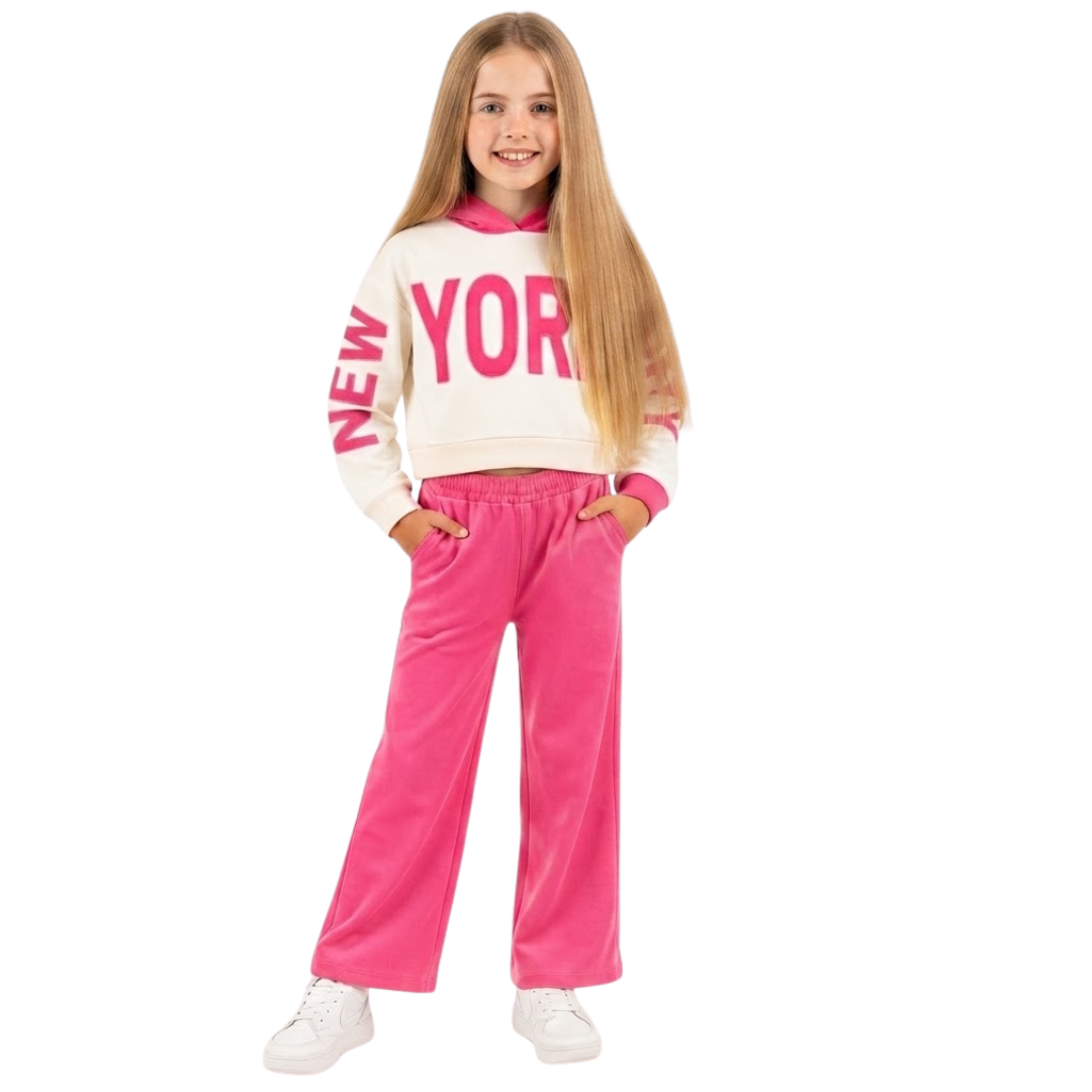 A girl wearing Pink New York City Tracksuit with white background
