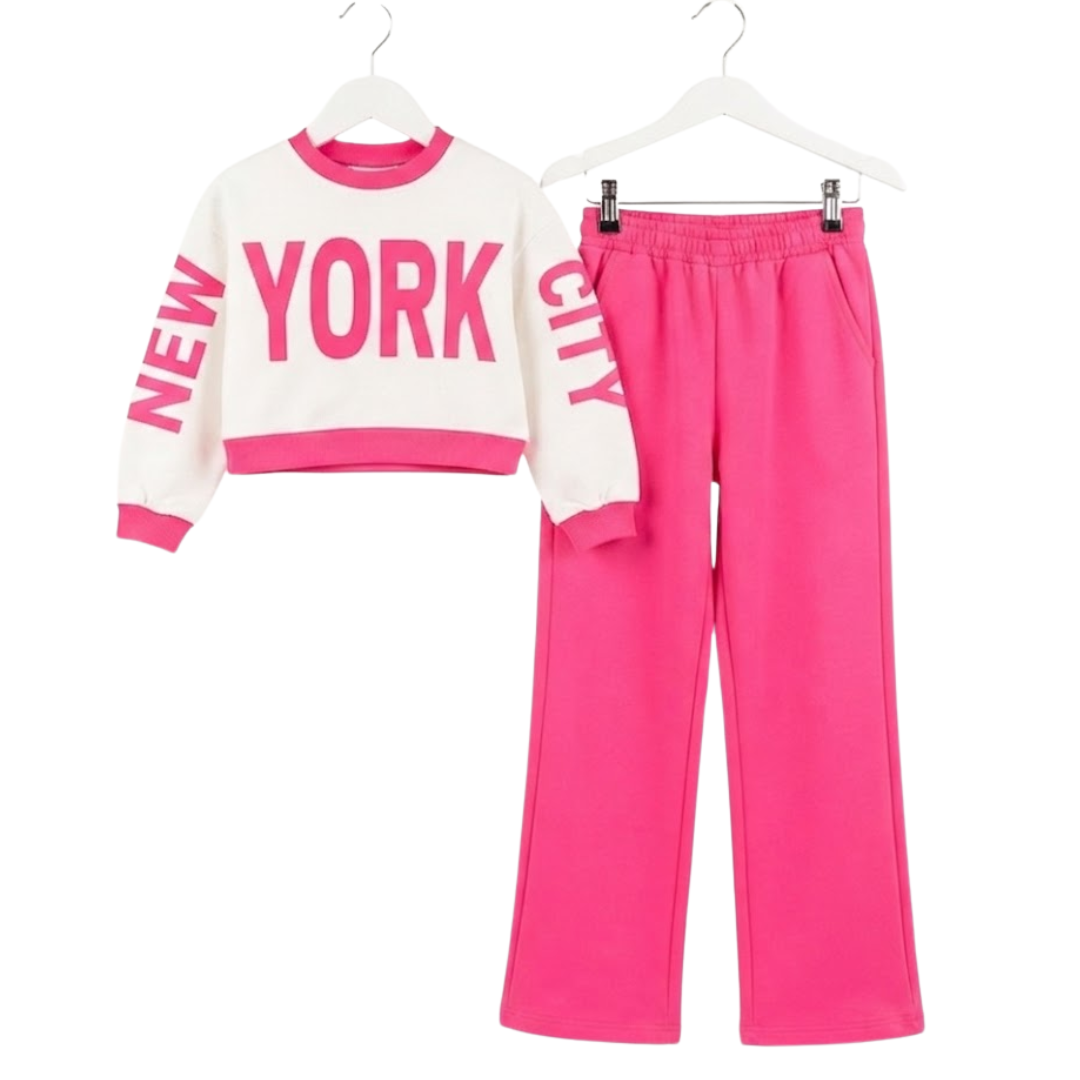 Girls Pink New York City Tracksuit with white background