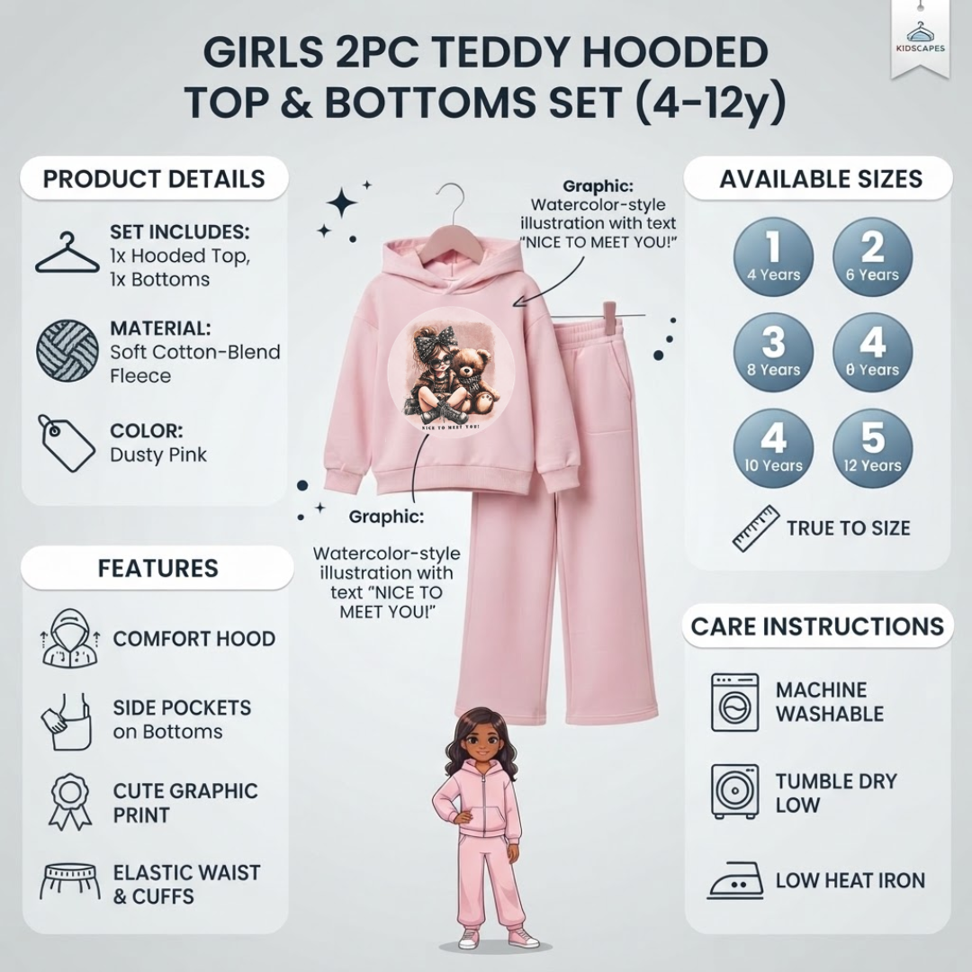 A girls' two-piece teddy hoodie and bottoms set in dusty pink, shown on a light gray infographic background with product details, available sizes, care instructions, and a small illustrated model wearing the outfit.