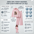 A girls' two-piece teddy hoodie and bottoms set in dusty pink, shown on a light gray infographic background with product details, available sizes, care instructions, and a small illustrated model wearing the outfit.