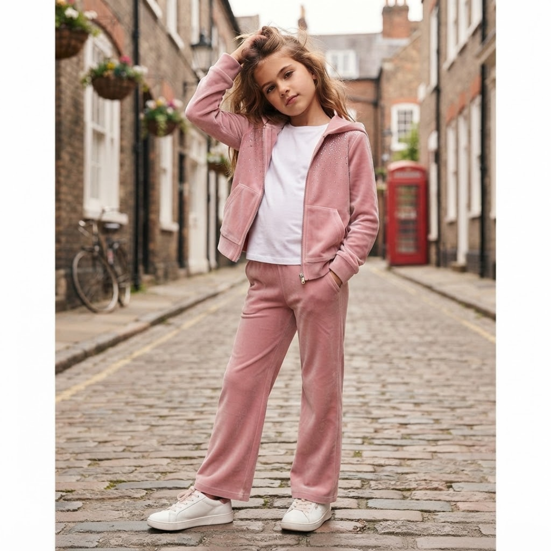 A girl standing in a street wearing Pink Velvet Sequins Zip Top & Bottoms