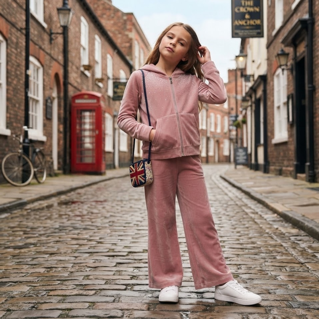A young girl stands on a cobblestone street wearing a matching dusty pink velour tracksuit with a zip-up hoodie and wide-leg trousers, paired with white sneakers and a small Union Jack shoulder bag.
